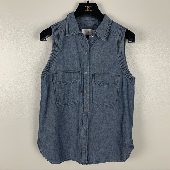 A.L.C women’s Kelly chambray medium wash button up blouse sleeveless blue XS - Picture 2 of 7